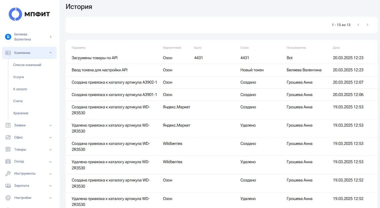 Запись всех действий пользователей с товарами и API-ключами